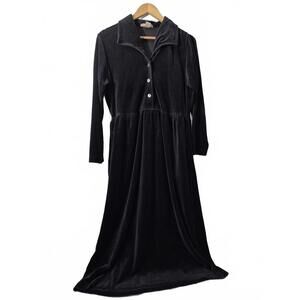 Smith & Hawken Vintage Ladies Black Velvet Long Sleeve Midi Dress Pockets Button